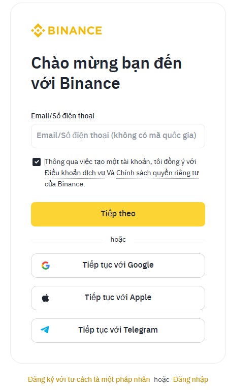 Giao diện đăng ký tài khoản tại sàn Binance